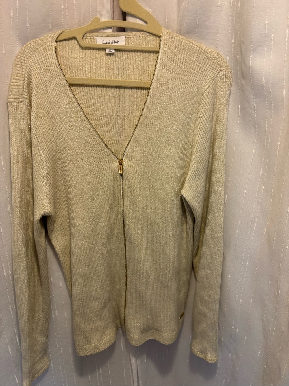 Calvin Klein Light Cream Zip-Front Ribbed Cardigan